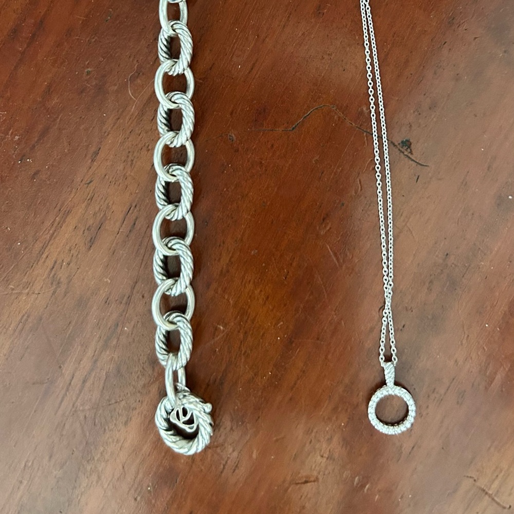 David Yurman classic sterling chain bracelet / diamond studded circle necklace
